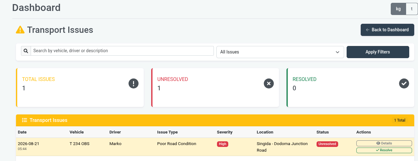 CDM System transport issues screen